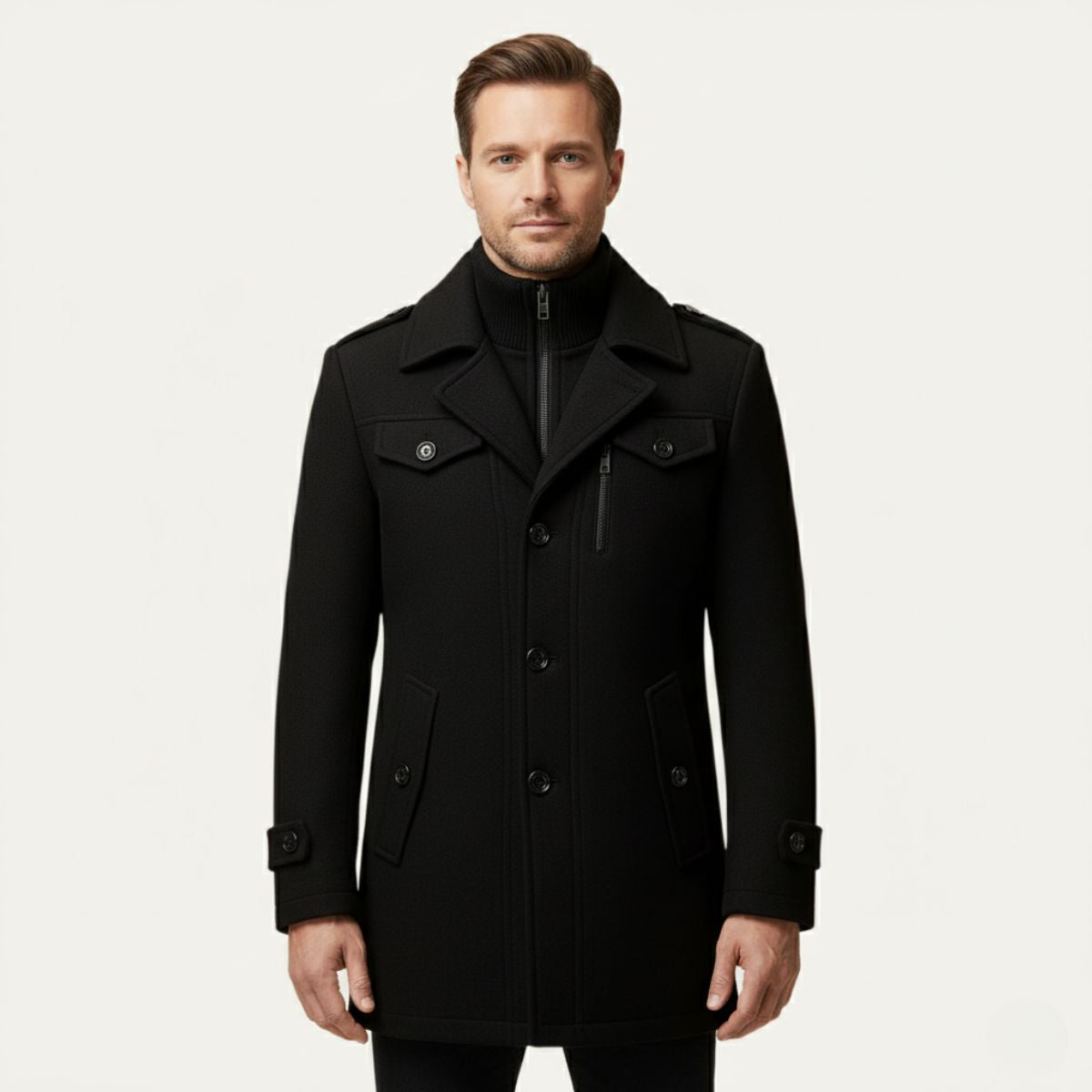 Black wool-blend pea coat with high collar and buttoned front