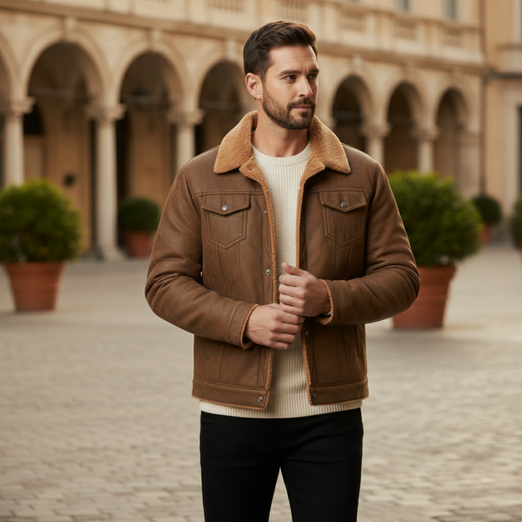 Men's brown suede jacket with tan sherpa collar, snap flap chest pockets, button front.