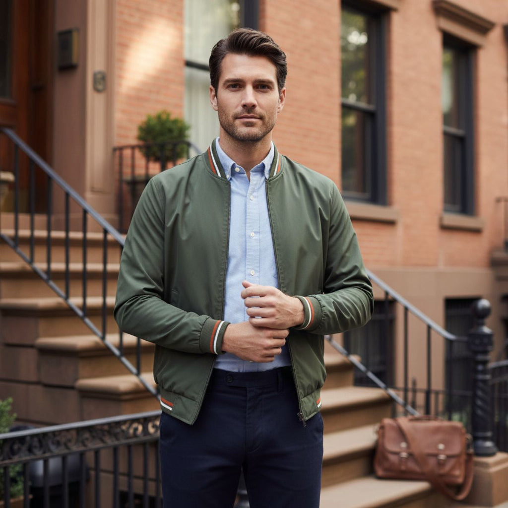 Men's lightweight bomber jacket, olive green zip-front with ribbed cuffs and striped trim