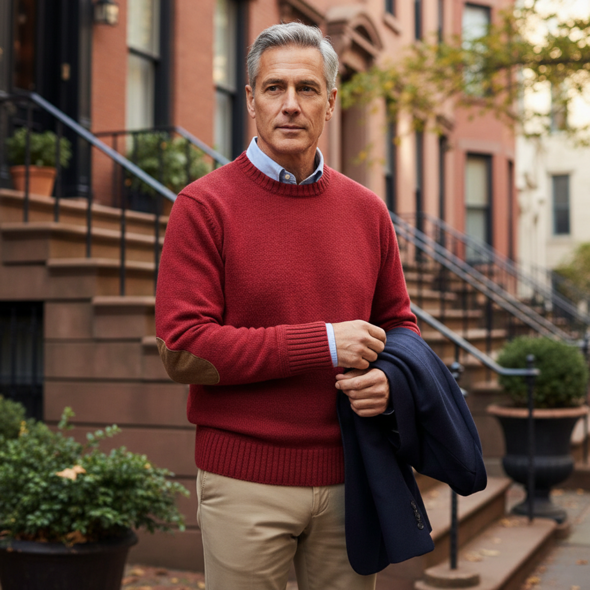 Men's oversized knit sweater, red crewneck with ribbed hem and cuffs, tan elbow patches