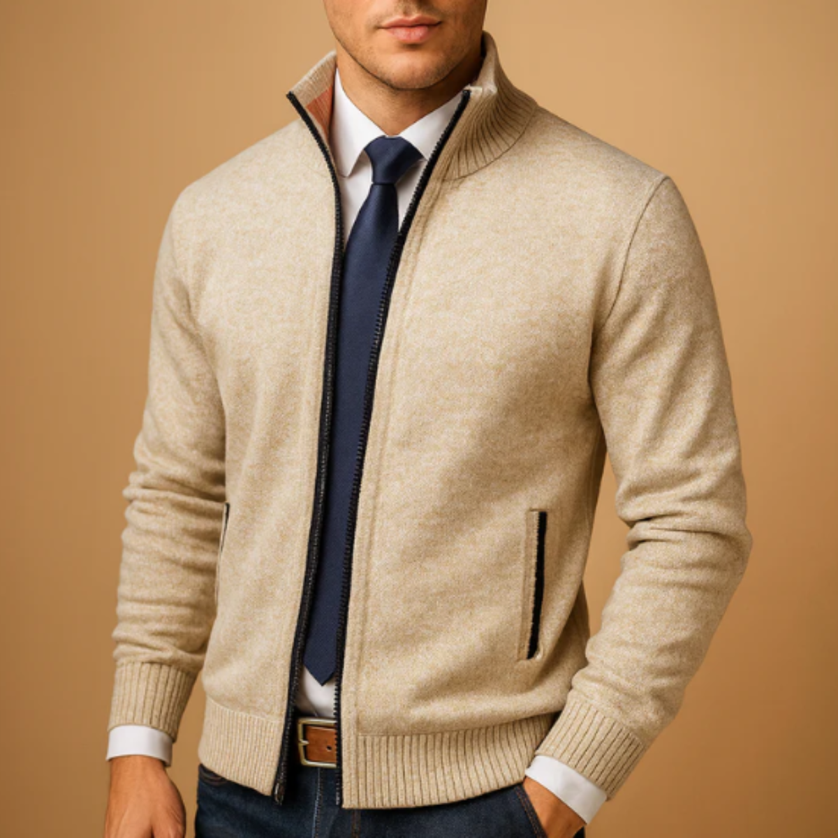 Beige men's knitted zip cardigan with stand collar and vertical zip pockets