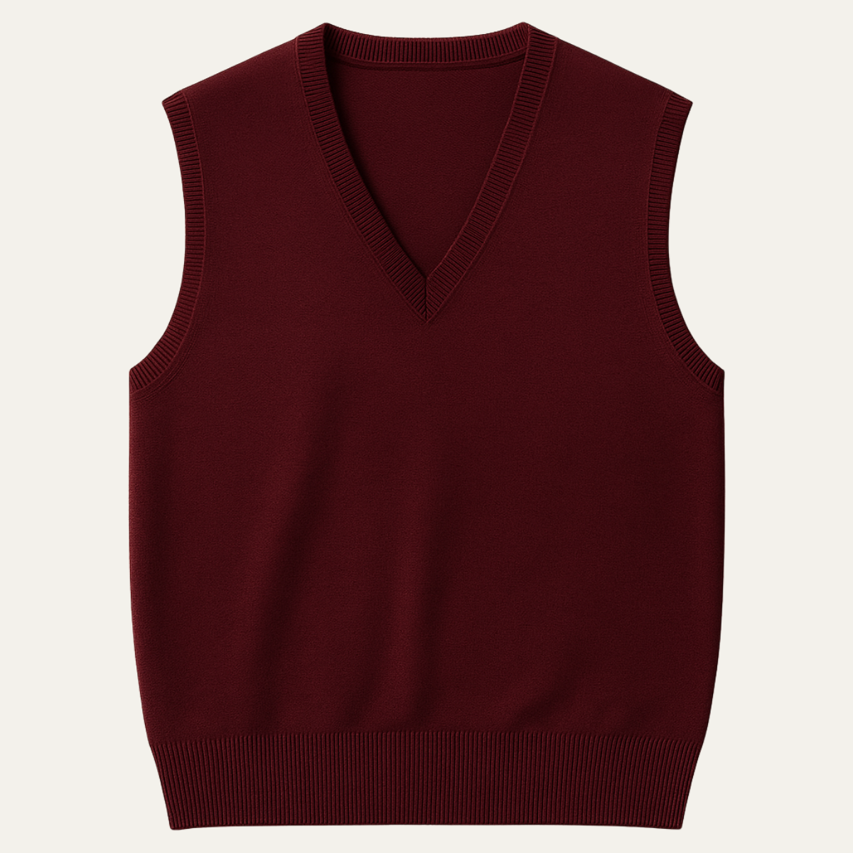 Men's V-neck sleeveless knit sweater vest, dark red with ribbed trim