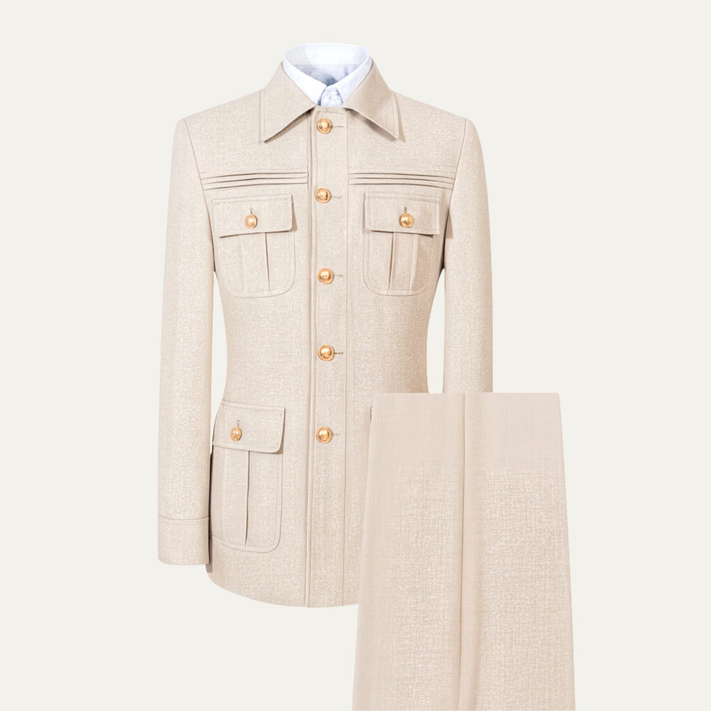 Men's beige classic fit business suit set with multi-pocket jacket and matching pants