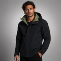 Black waterproof rain jacket with hood and zip front, sleeve patch pocket, drawcord