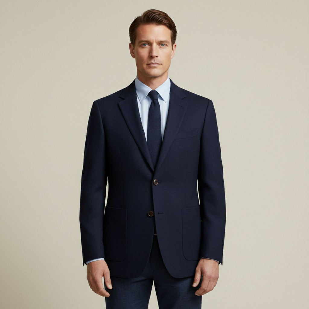 Navy men’s single-breasted blazer with notch lapels and flap pockets, worn