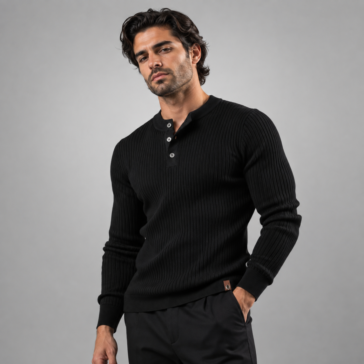 Men's black ribbed henley knit sweater with long sleeves and buttoned split neckline