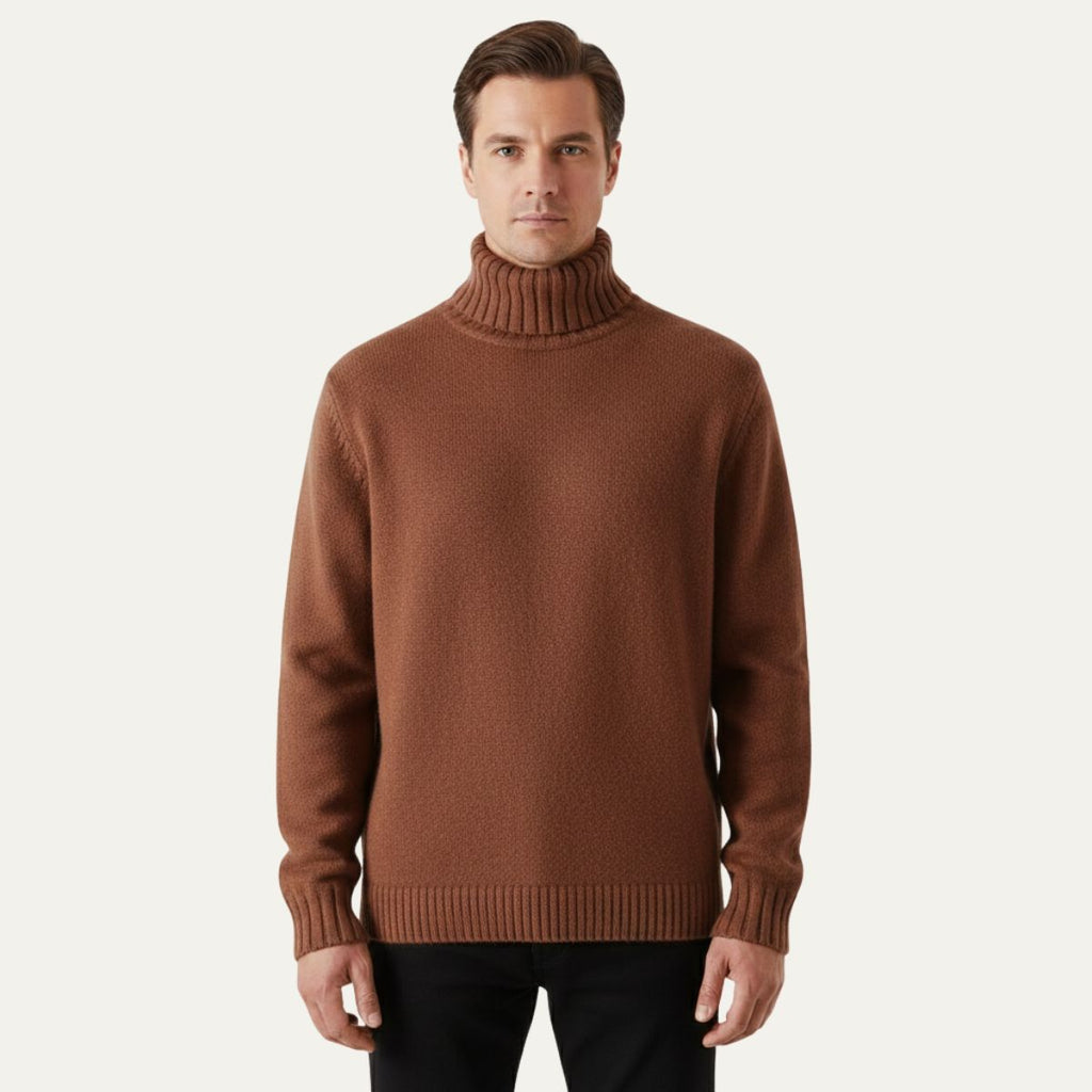 Men’s brown soft knit turtleneck sweater, ribbed neck and cuffs