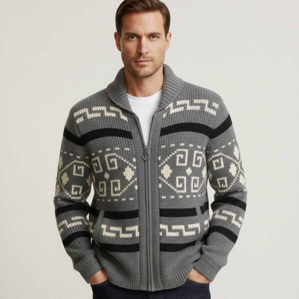 Gray zip-up shawl-collar sweater with contrast geometric knit pattern