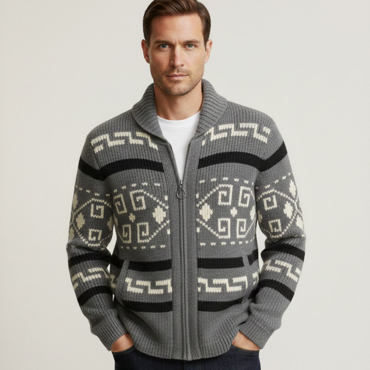Gray zip-up shawl-collar sweater with contrast geometric knit pattern