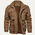 Men's khaki hooded jacket with thick plush lining, front pockets, and zip-up front