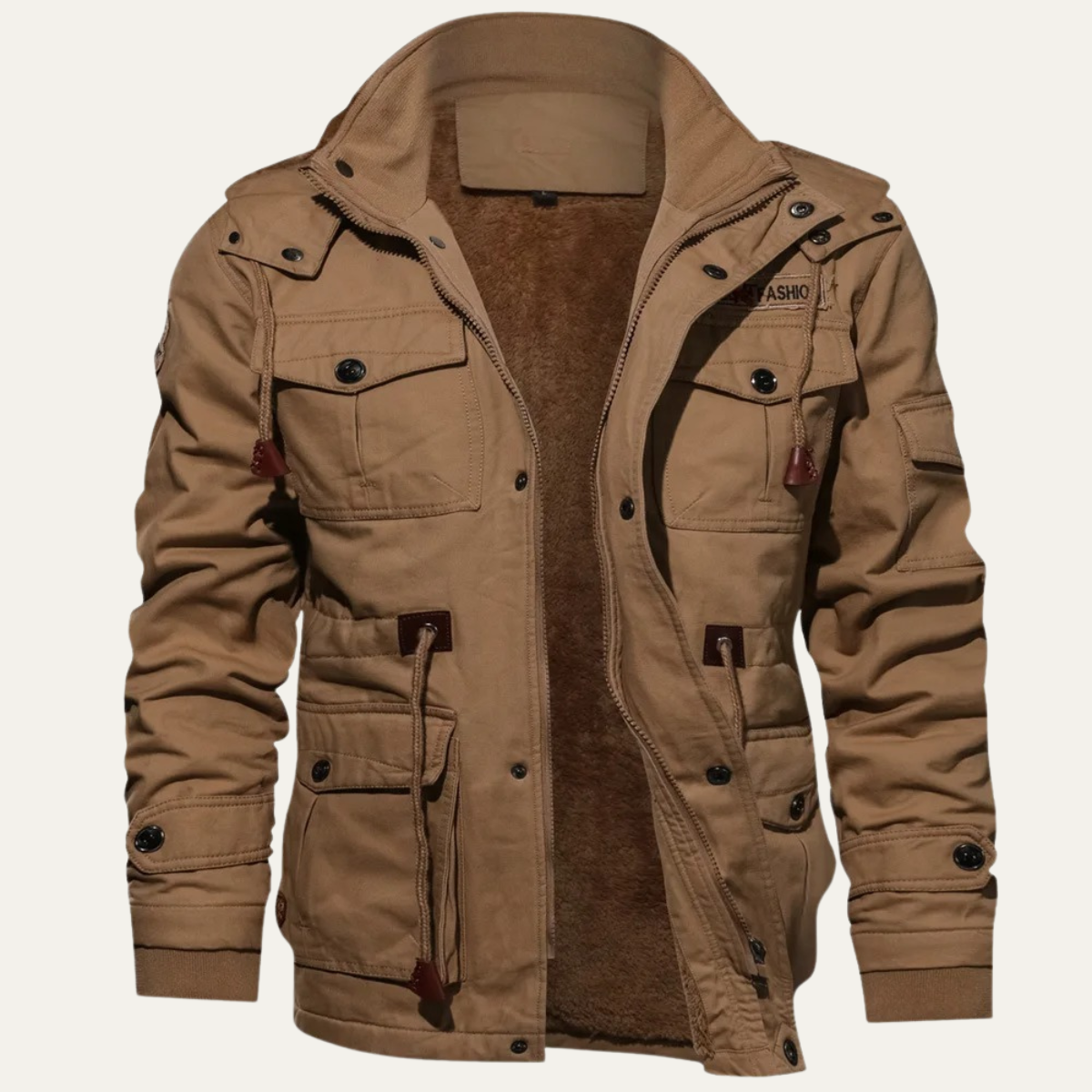 Men's khaki hooded jacket with thick plush lining, front pockets, and zip-up front