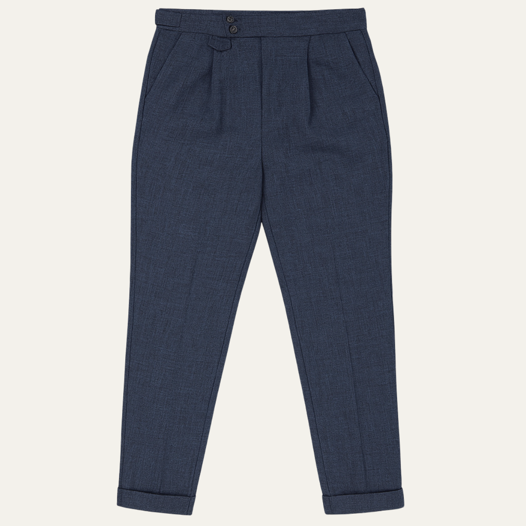 Men's high-waisted pleated dress pants, blue, button closure