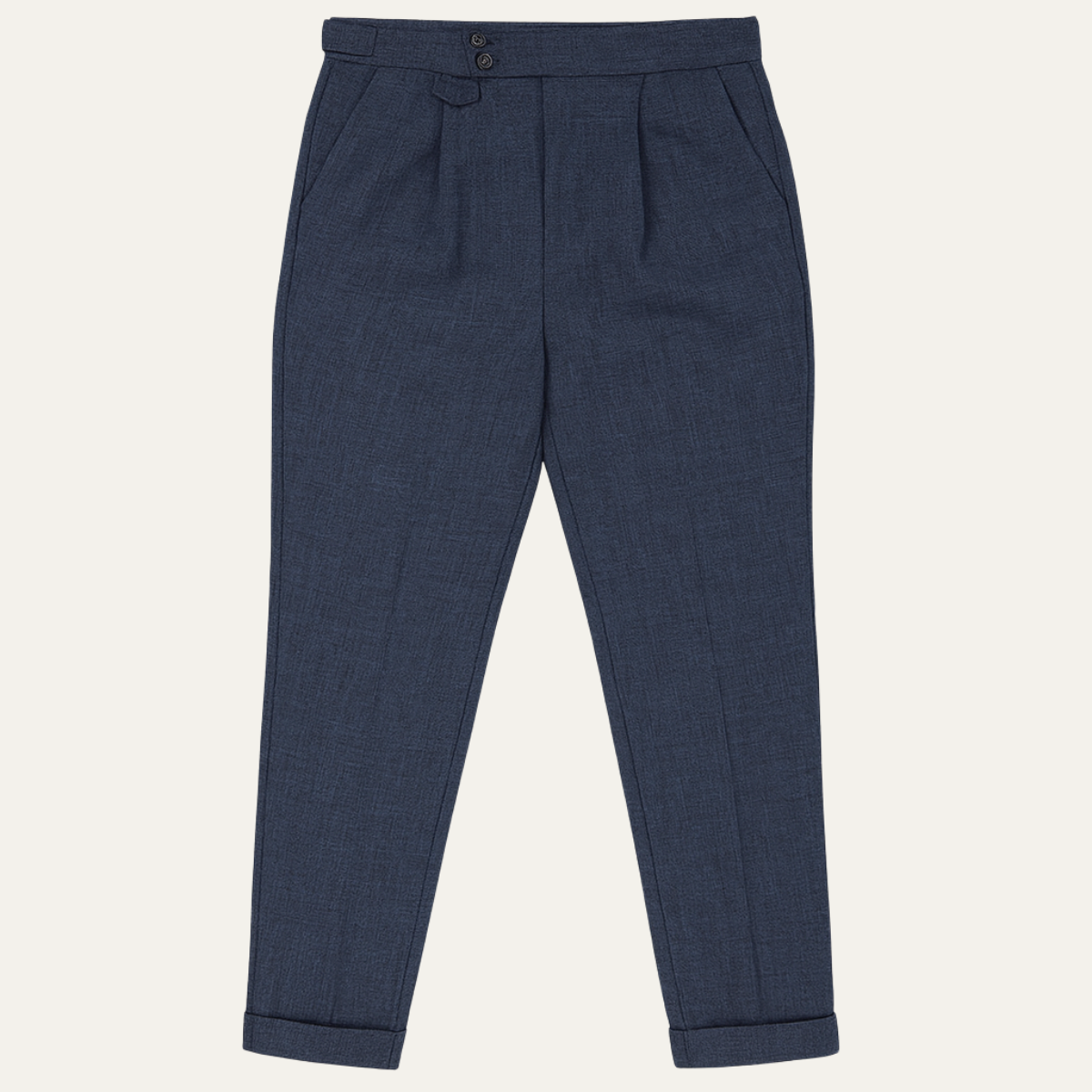 Men's high-waisted pleated dress pants, blue, button closure