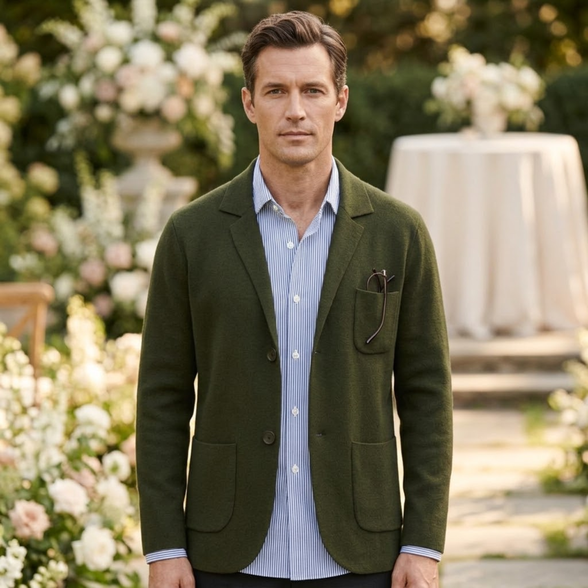 Military green cotton summer blazer with notch lapels, two front pockets, and light blue striped shirt