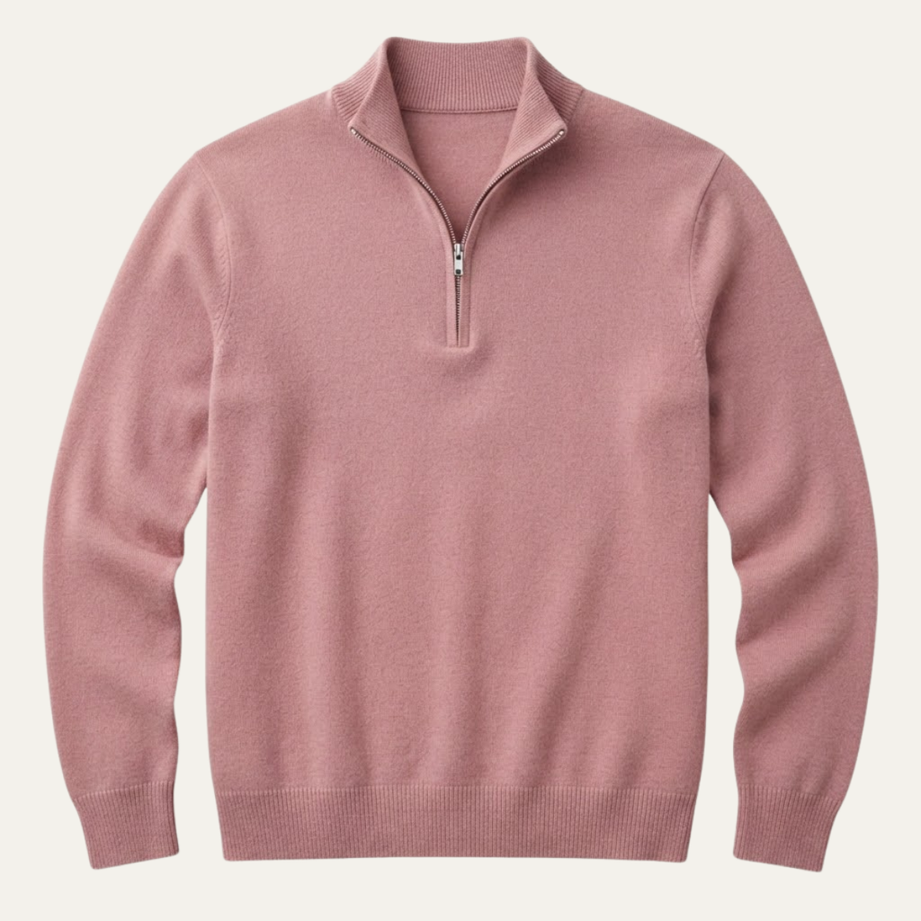 Men's quarter-zip mock neck sweater in blush pink, knit with ribbed cuffs