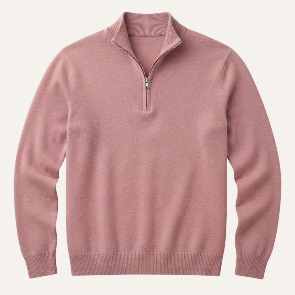 Men's quarter-zip mock neck sweater in blush pink, knit with ribbed cuffs