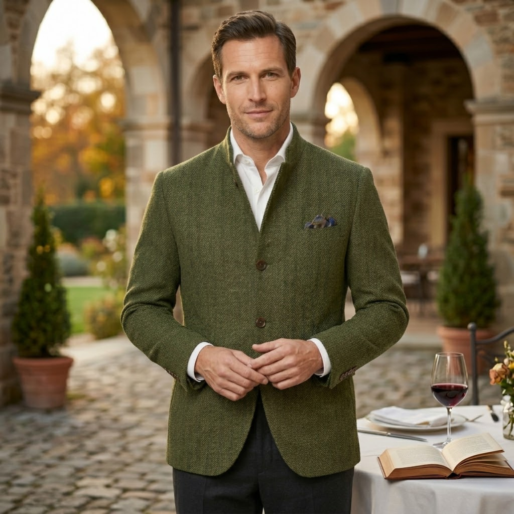 Olive green herringbone wool blazer with chest pocket and buttoned front.