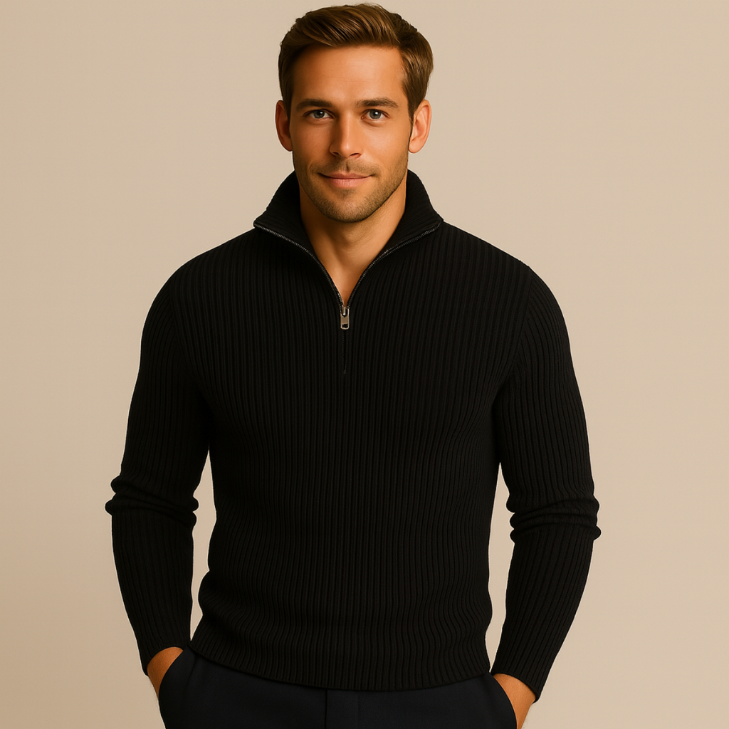 Black merino quarter-zip knit sweater with ribbed collar and vertical knit stripes
