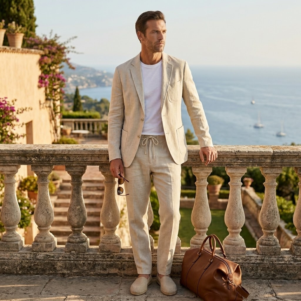 Men's cotton-linen two-piece suit set, tan blazer and pants with drawstring waist