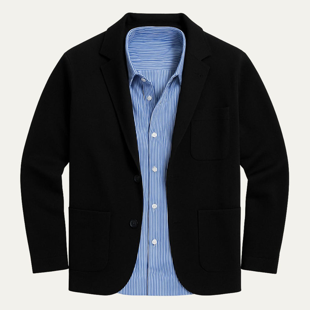 Black cotton summer blazer with notch lapels, two front pockets, and chest pocket; striped shirt