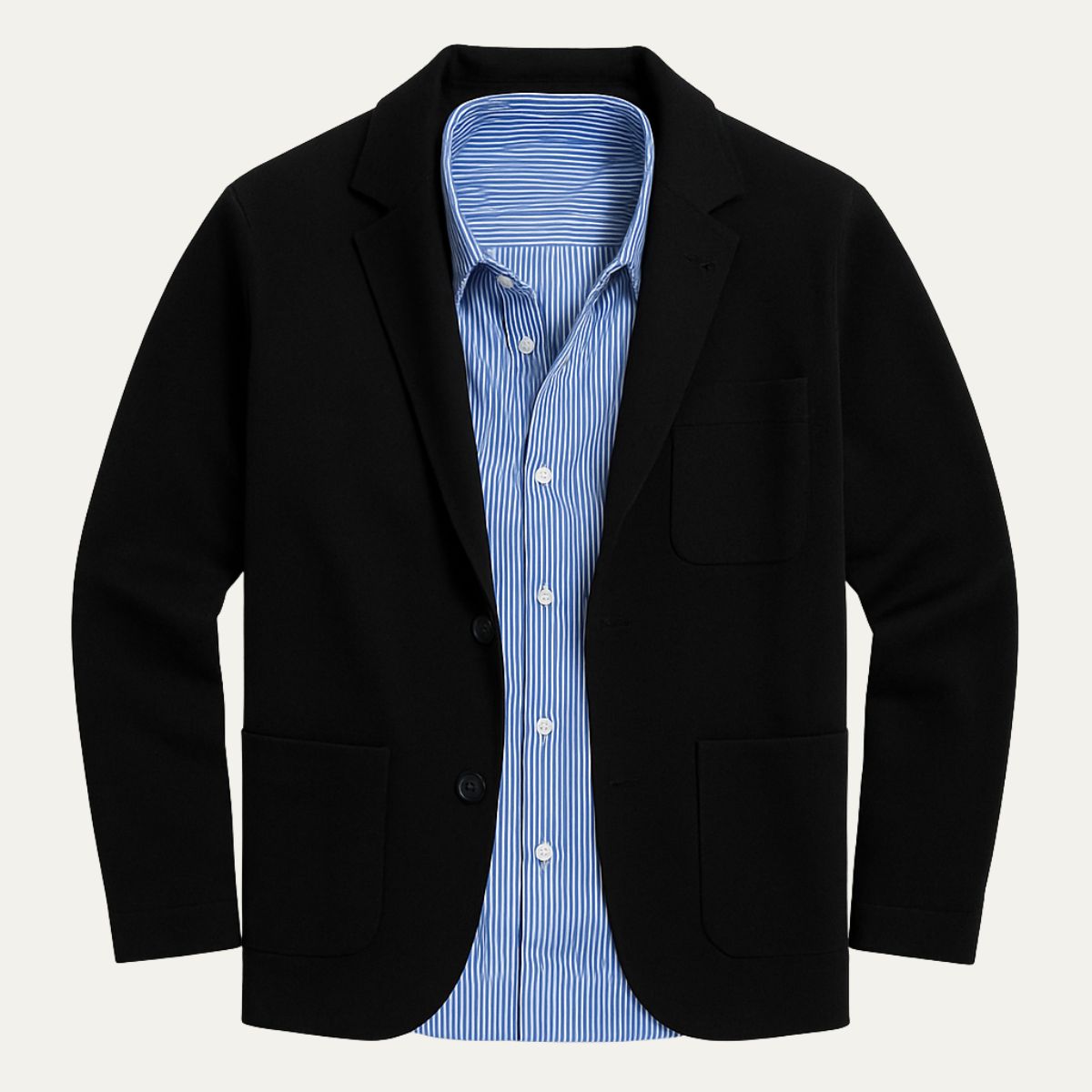 Black cotton summer blazer with notch lapels, two front pockets, and chest pocket; striped shirt
