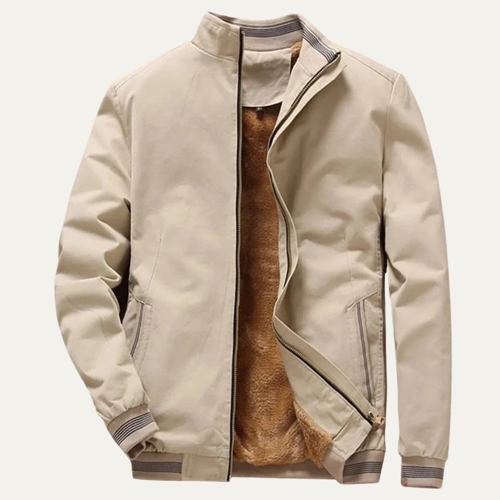 Cream sherpa-lined bomber jacket with stand collar, zip front, ribbed hem