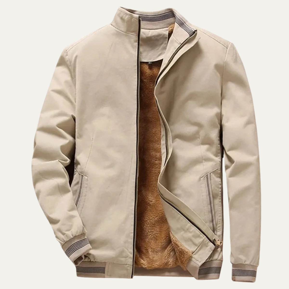 Cream sherpa-lined bomber jacket with stand collar, zip front, ribbed hem