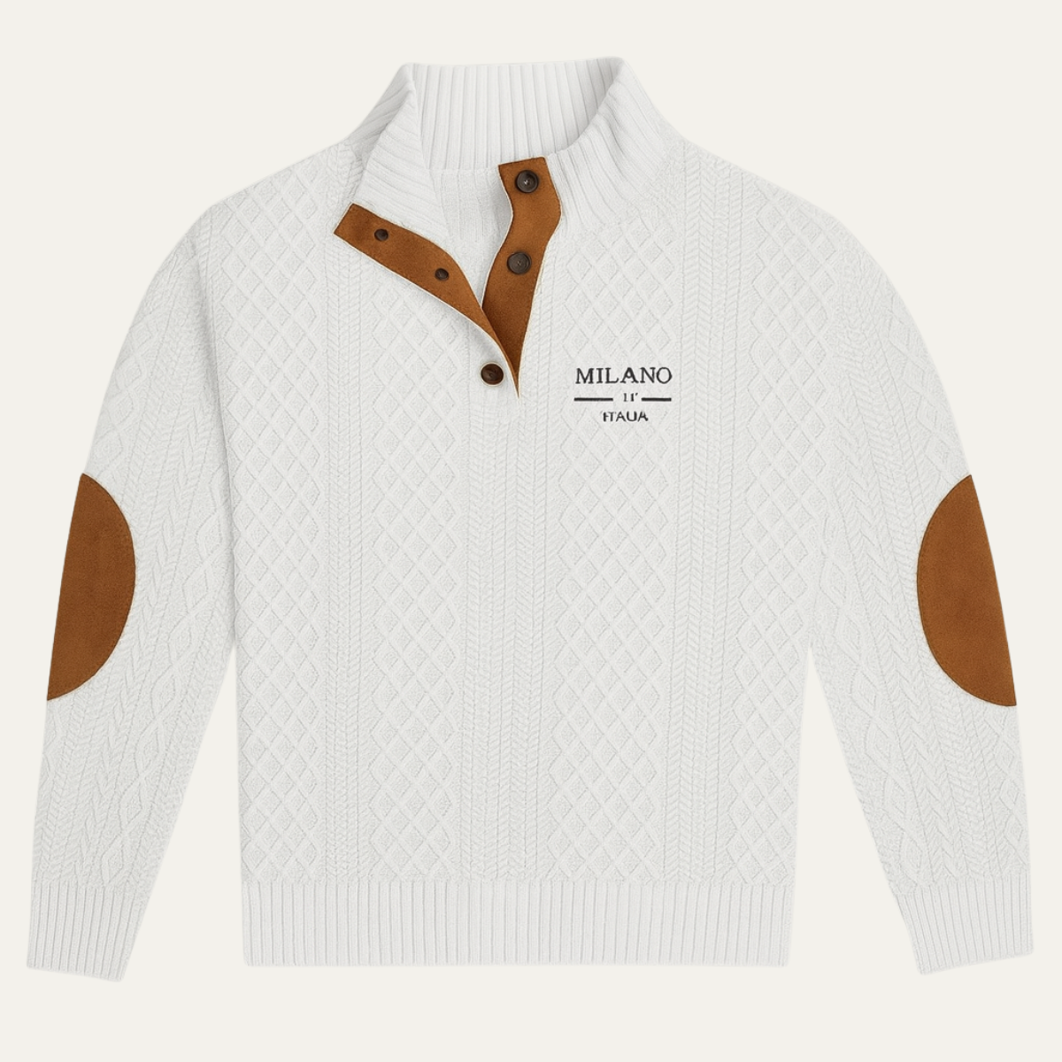 Men's quarter-zip knit sweater in light neutral with tan elbow patches and ribbed trim