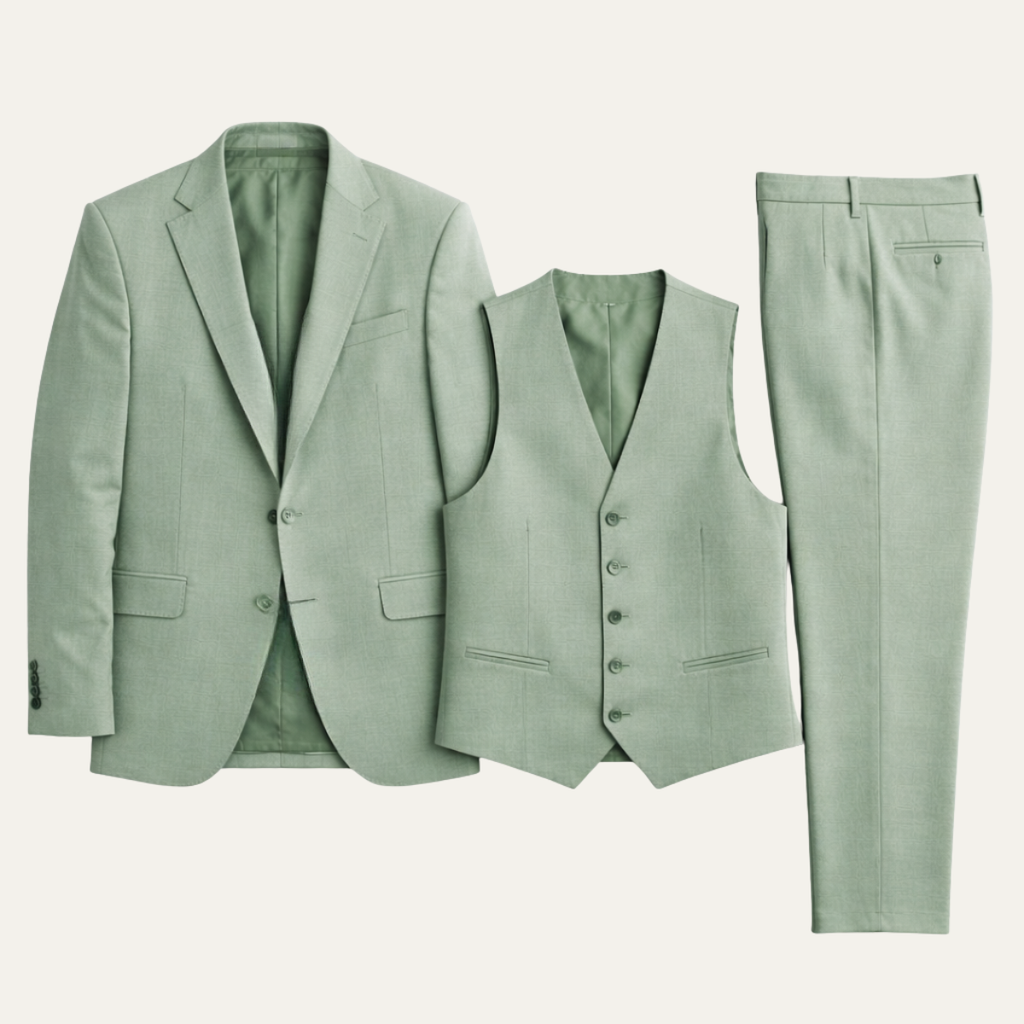 Men's matcha green 3-piece suit set: blazer, waistcoat, and trousers