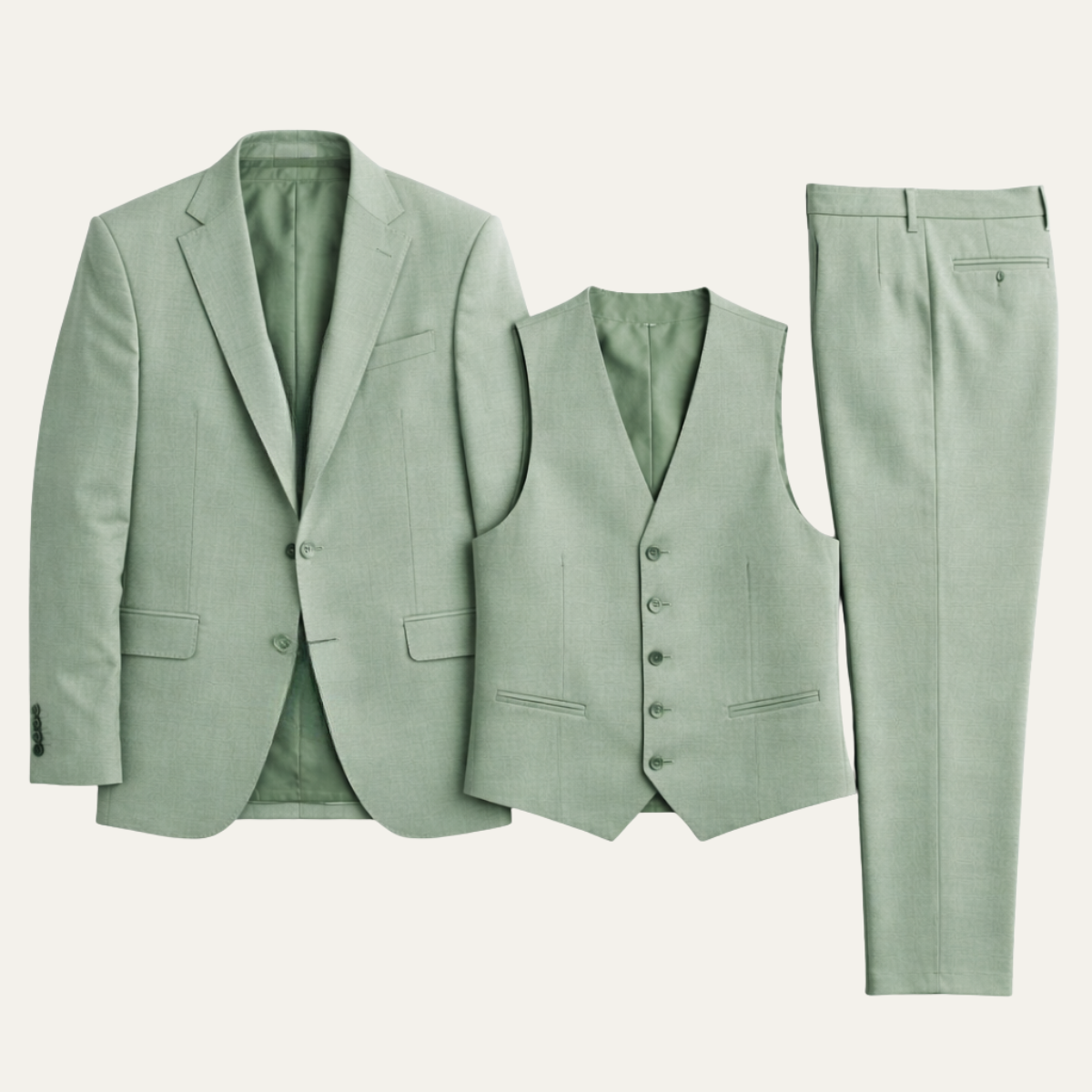 Men's matcha green 3-piece suit set: blazer, waistcoat, and trousers