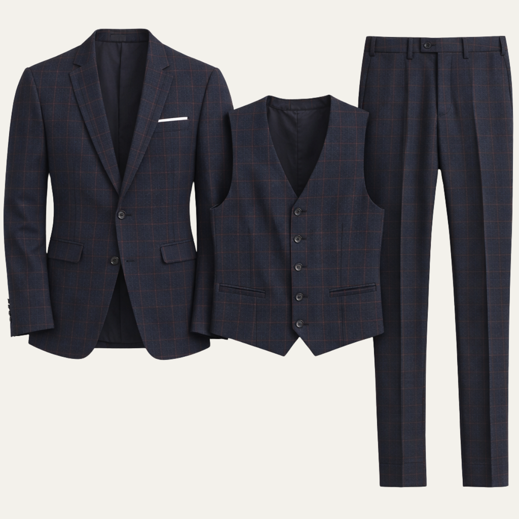 Men’s plaid slim-fit 3-piece suit set with blazer, vest, and matching pants in dark tones