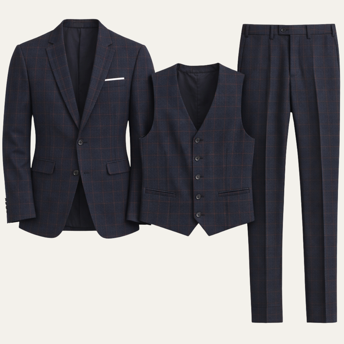 Men’s plaid slim-fit 3-piece suit set with blazer, vest, and matching pants in dark tones