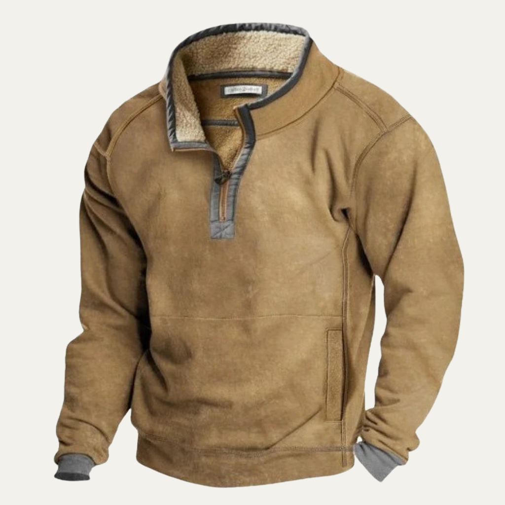 Men's stand-collar outdoor sweater, brown-tan half-button pullover with sherpa-lined placket and pocket
