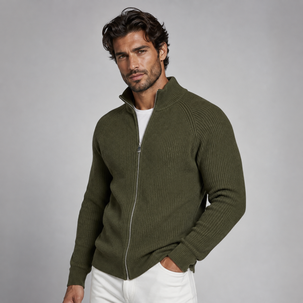Men's green merino wool zip-up cardigan, stand collar with ribbed cuffs and hem.