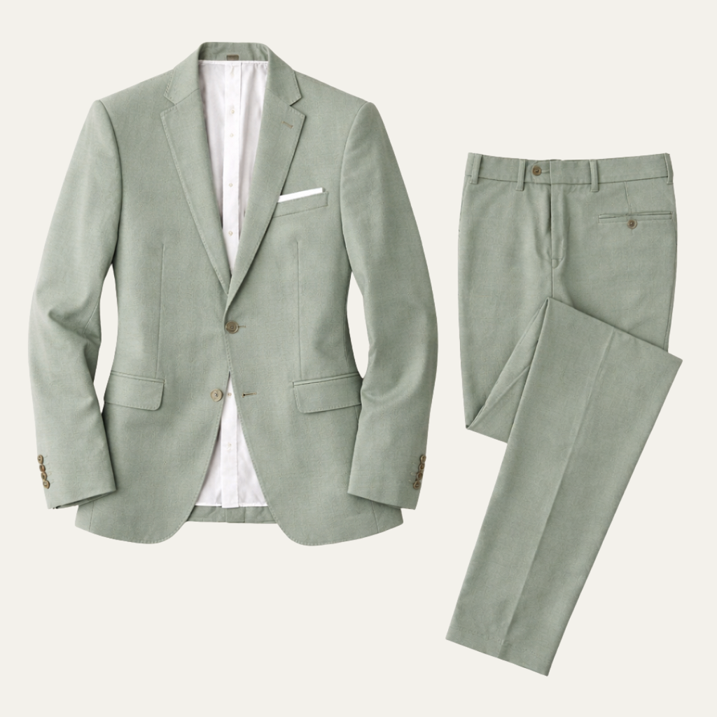 Men’s turquoise-green slim-fit suit jacket and trousers with matching buttons