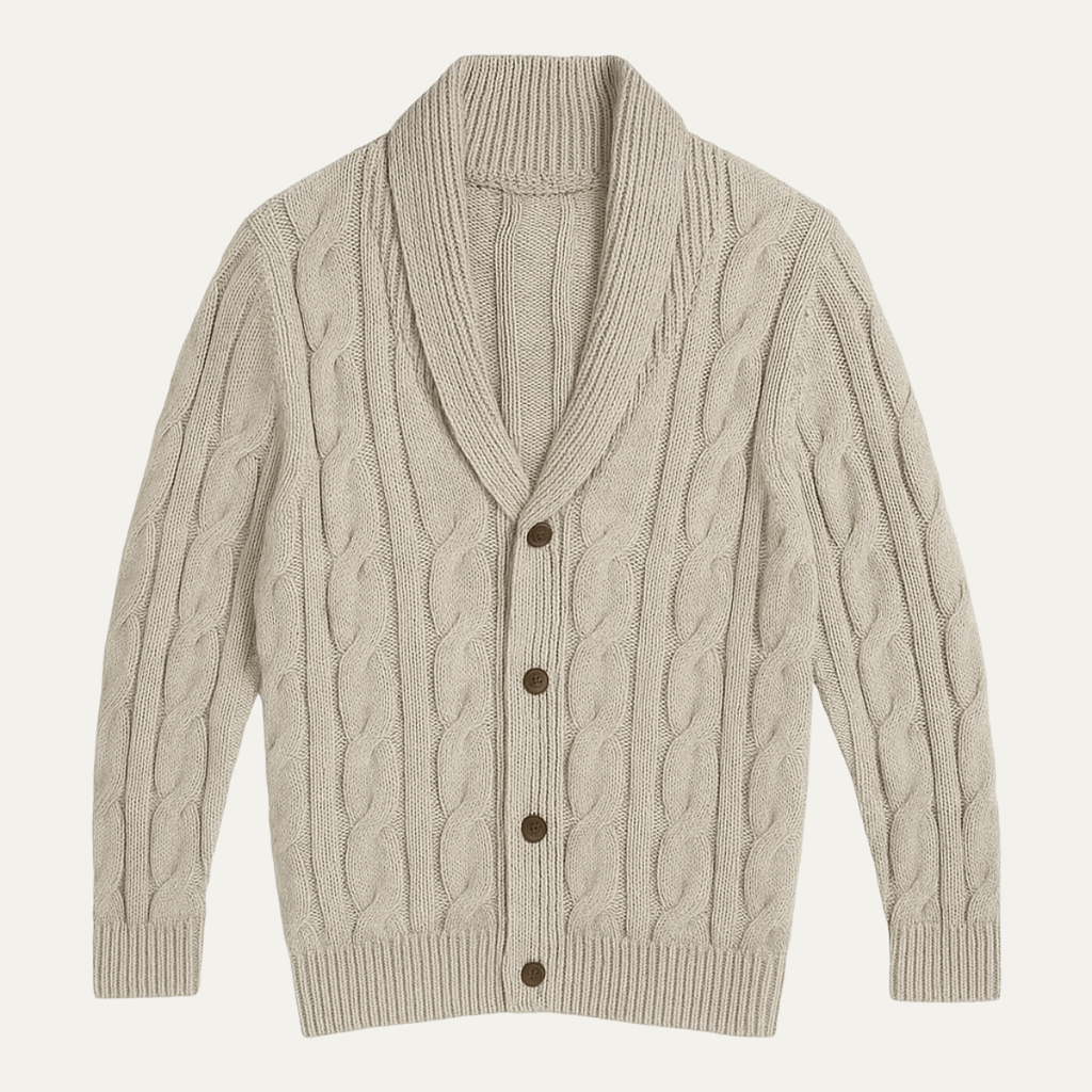 Men's beige cable knit cardigan, V-neck, button-front, geometric pattern.