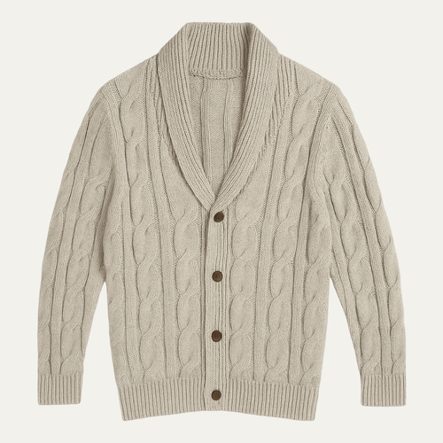 Men's beige cable knit cardigan, V-neck, button-front, geometric pattern.