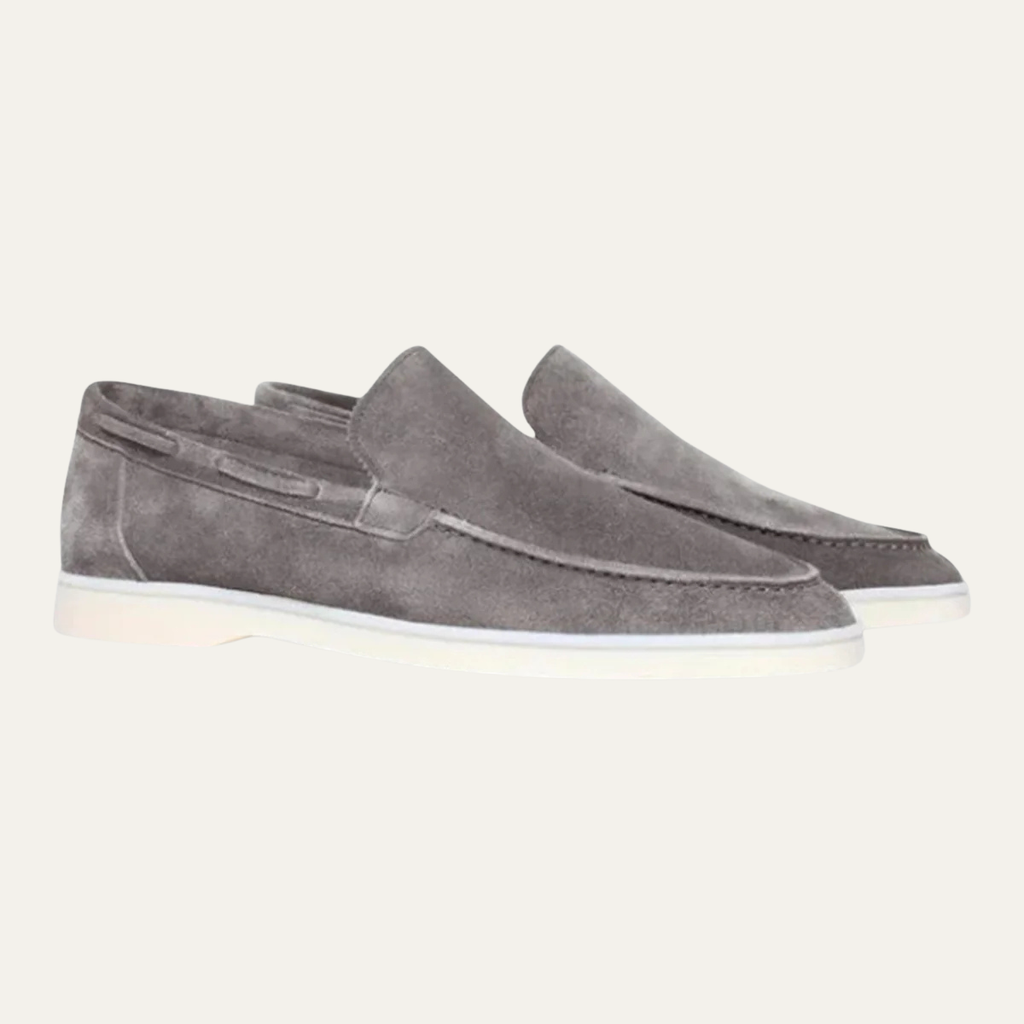 Men's suede casual loafers in gray with moc toe and slip-on design