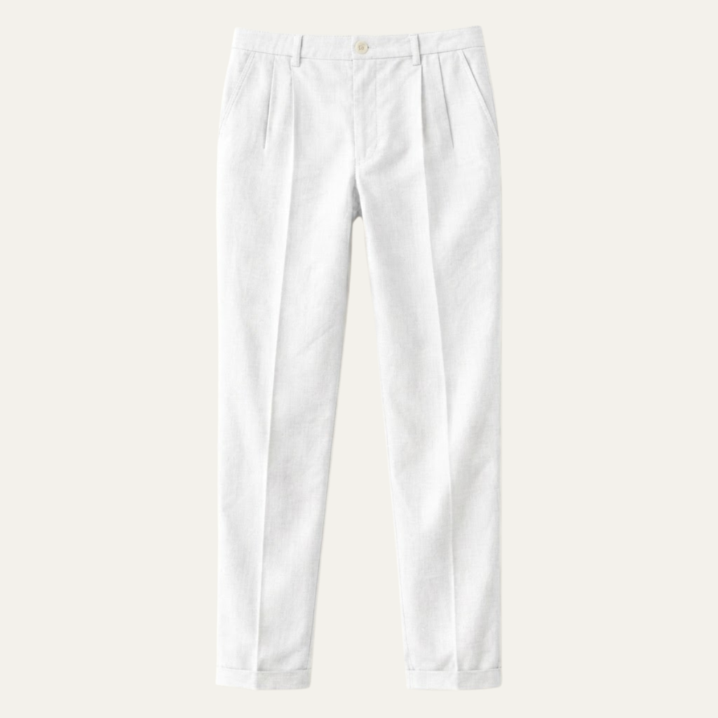 Men's white slim-fit lightweight linen dress pants, pleats at waist, button waistband