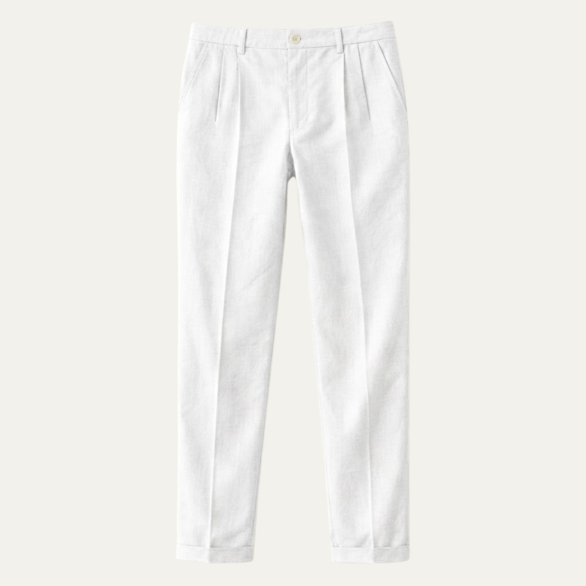 Men's white slim-fit lightweight linen dress pants, pleats at waist, button waistband