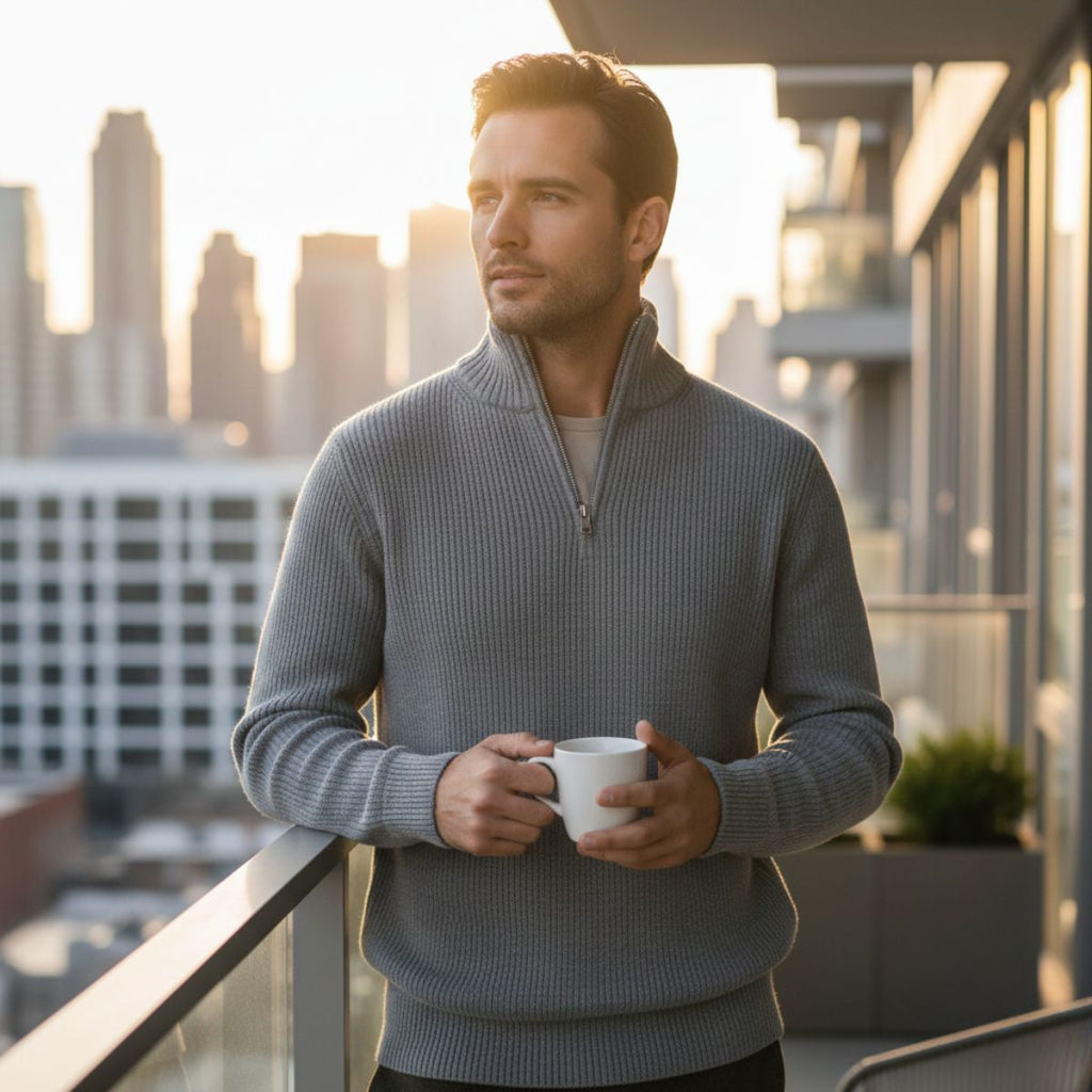Men's quarter-zip ribbed knit sweater, gray; stand collar with zipper.