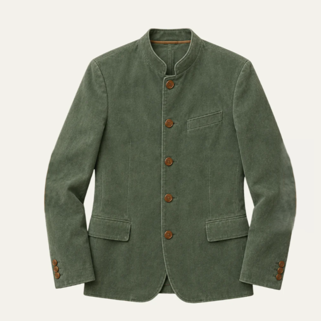 Men's casual blazer, pea green suede-like fabric, button front, flap pockets