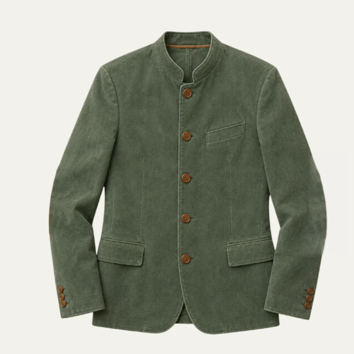 Men's casual blazer, pea green suede-like fabric, button front, flap pockets
