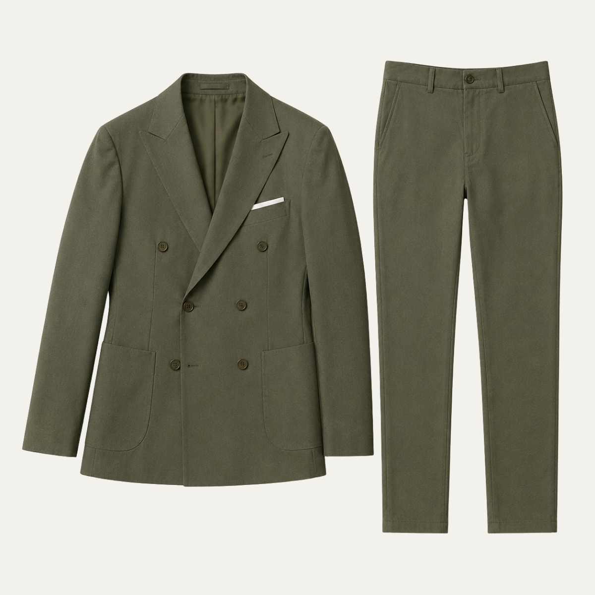 Men’s olive green slim fit double-breasted suit jacket and matching trousers