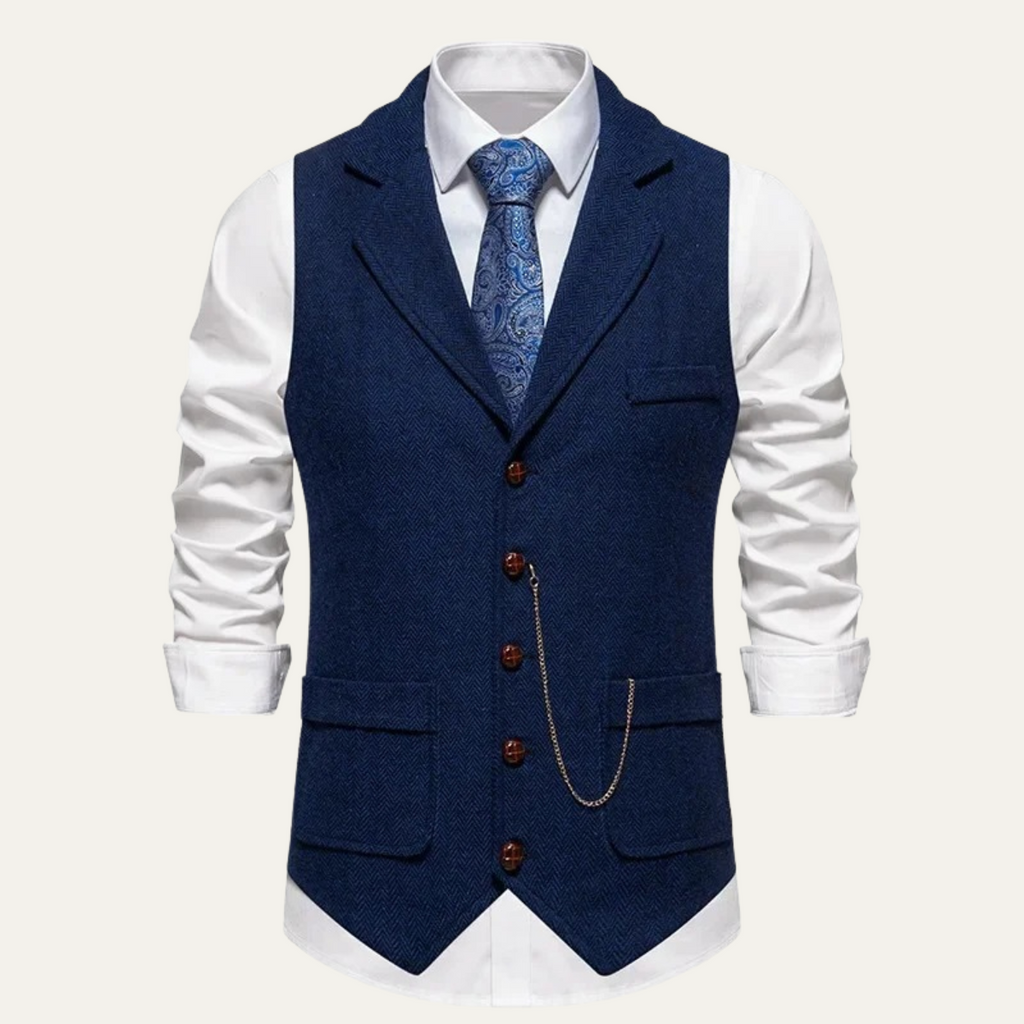 Men's navy blue tweed suit vest with notch lapels, button front, and welt pockets
