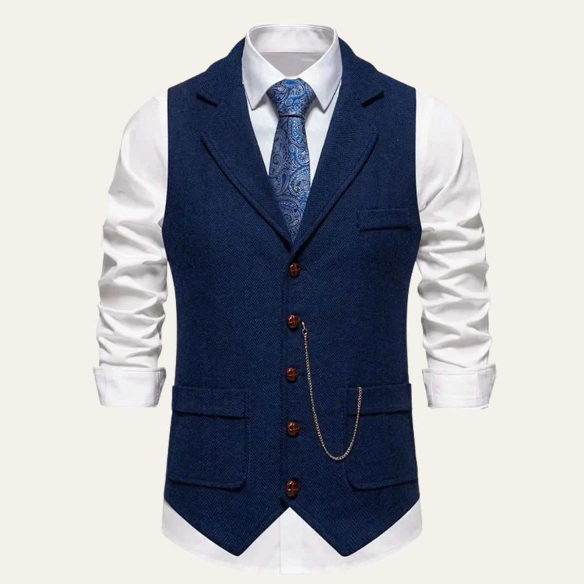 Men's navy blue tweed suit vest with notch lapels, button front, and welt pockets