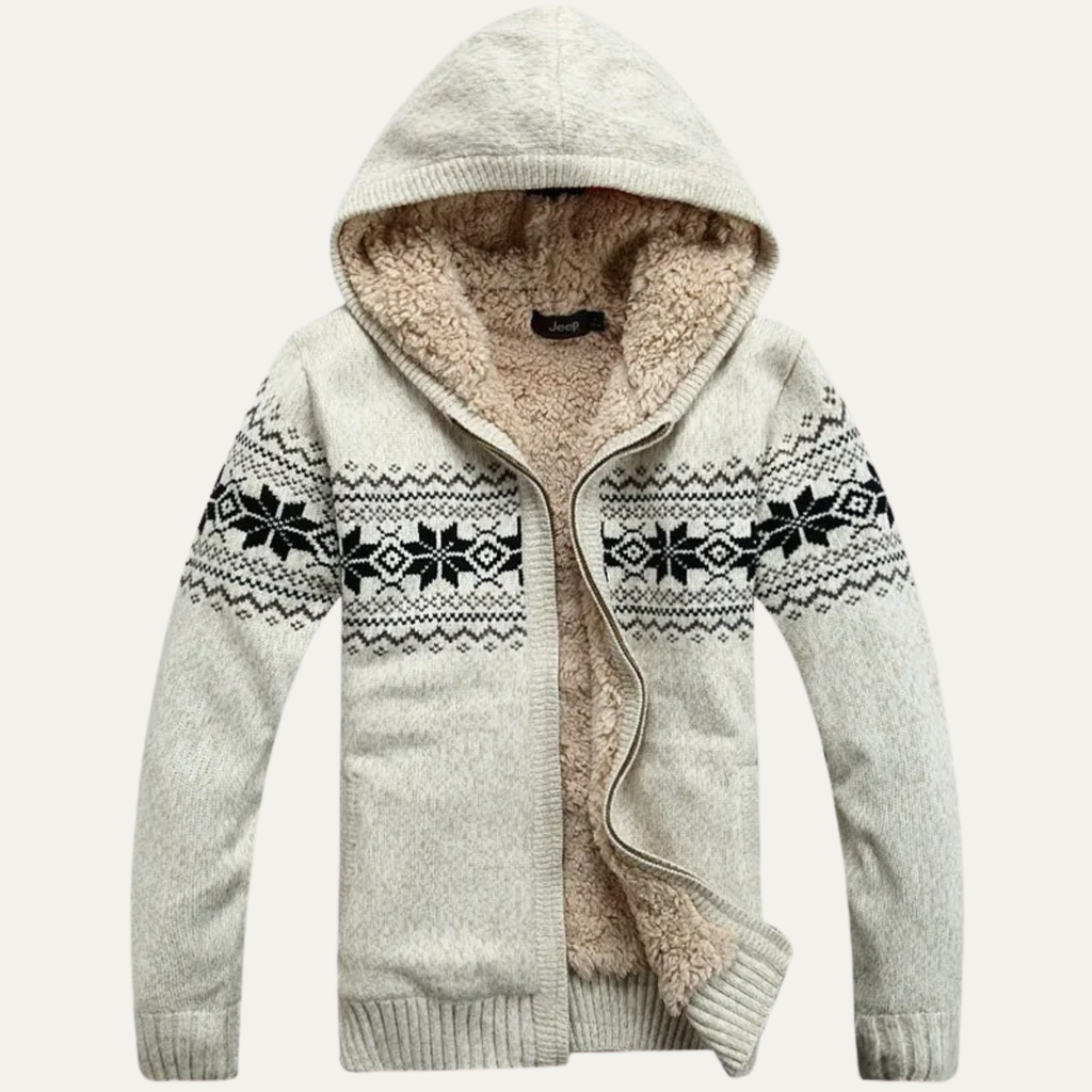 Cream sherpa-lined zip-up cardigan with hood and black Nordic knit pattern