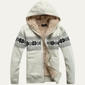 Cream sherpa-lined zip-up cardigan with hood and black Nordic knit pattern