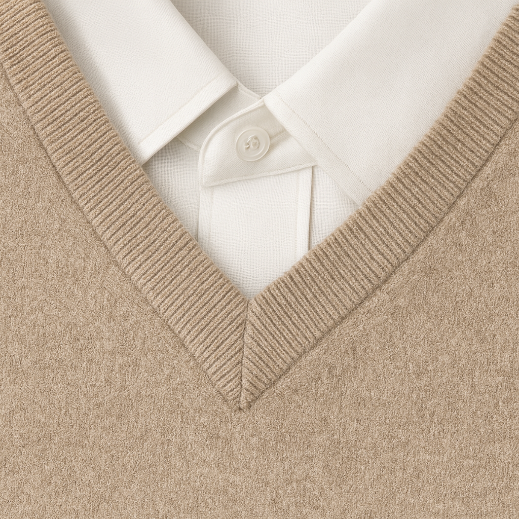 Beige wool V-neck sweater detail with ribbed knit and collared white button-up shirt