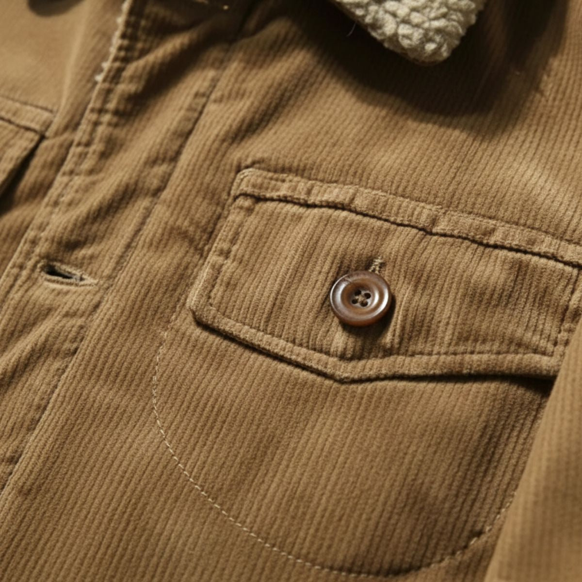 Men's corduroy winter jacket, chest pocket with button detail and sherpa collar